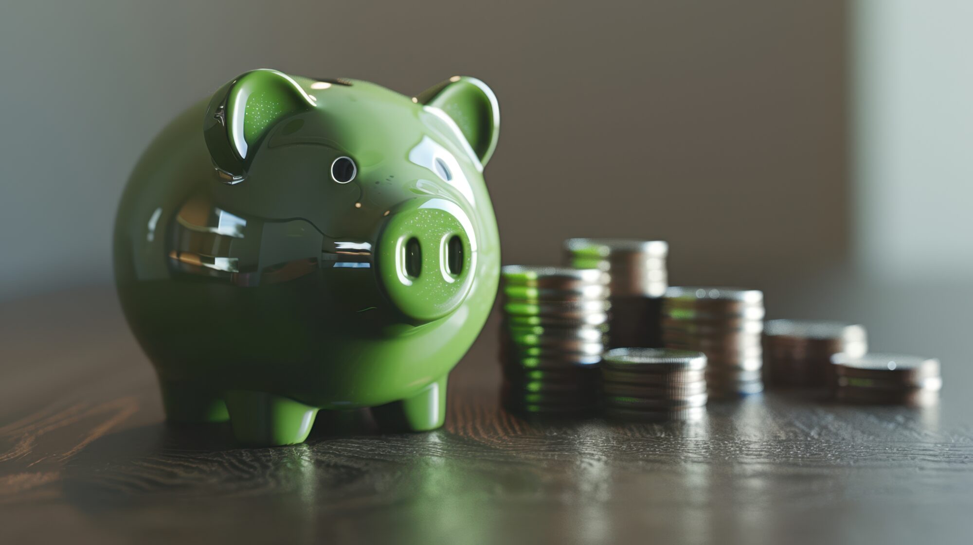 Green piggy bank beside stacks of coins on a wooden surface.