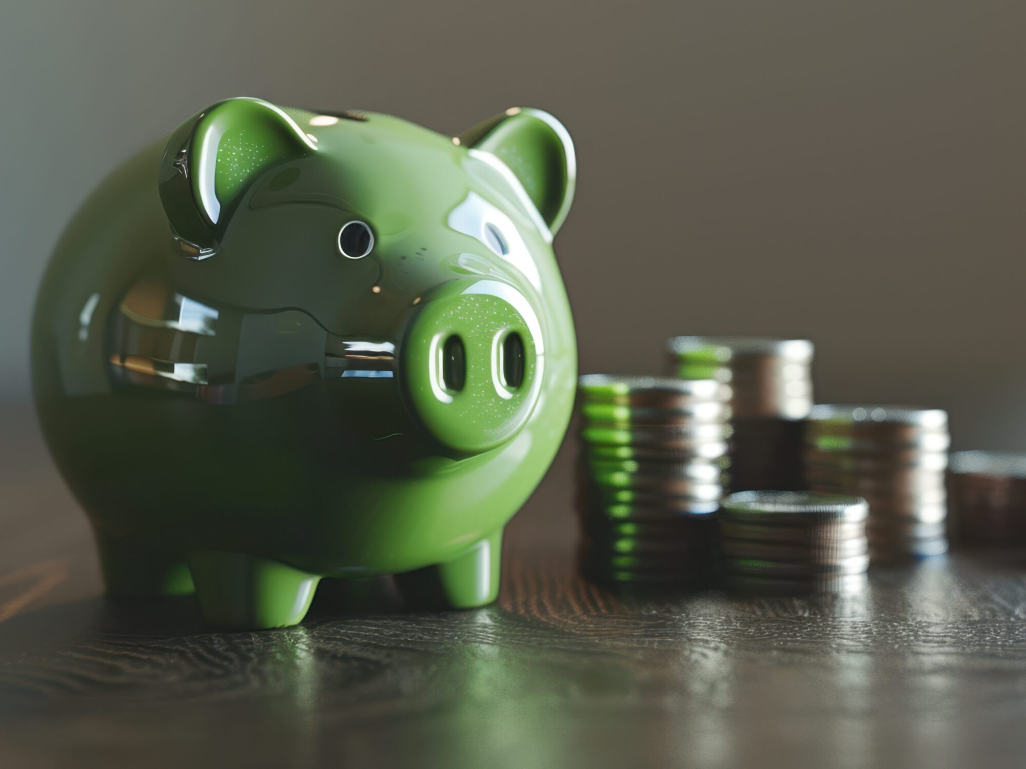 Green piggy bank beside stacks of coins on a wooden surface.